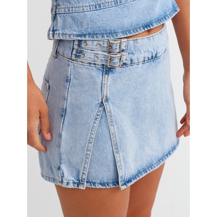 71680 Yanı Tokalı Denim Şort Etek-Mavi fırsatları