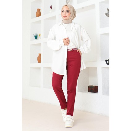 Moda Mihram Kemerli Dar Paça Pantolon Kırmızı 6109