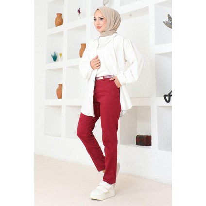 Moda Mihram Kemerli Dar Paça Pantolon Kırmızı 6109