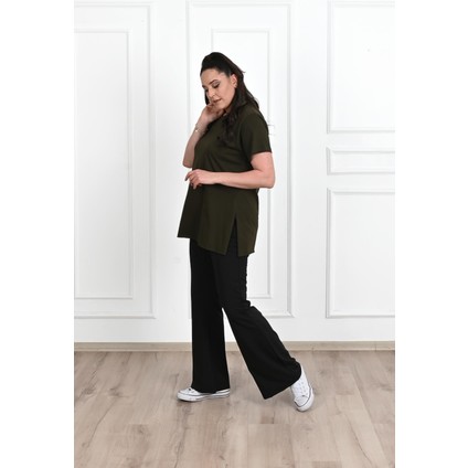 Kadın Bisiklet Yaka Yırtmaç Detaylı Büyük Beden Tshirt 9633-22 fiyatları