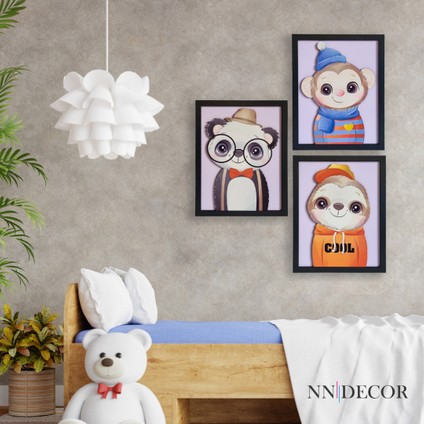 Panda, Maymun, Sloth 3'Lü Set | 3 Boyutlu, Çerçeveli, Ahşap, Bebek Odası Tablo Seti | Baskı & El Boyaması
