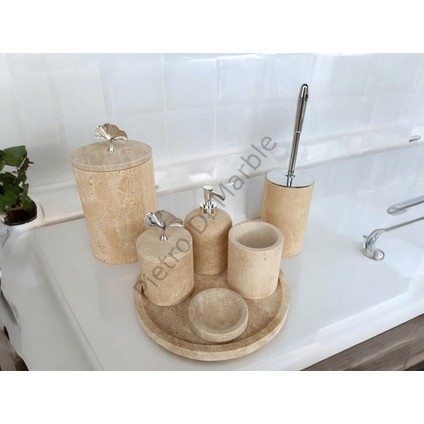 Sarı Traverten Klasik Model 7 Parça Gümüş Renk Japon Gülü Aksesuarlı Banyo Seti