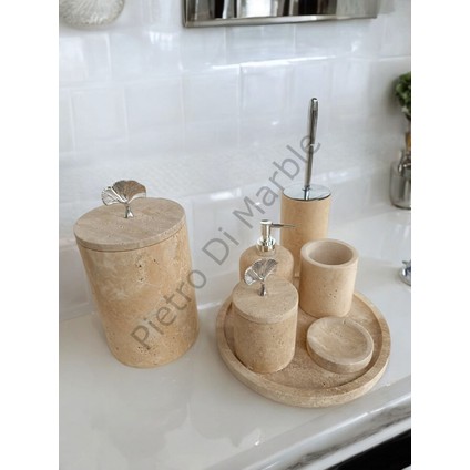 Sarı Traverten Klasik Model 7 Parça Gümüş Renk Japon Gülü Aksesuarlı Banyo Seti fırsatları