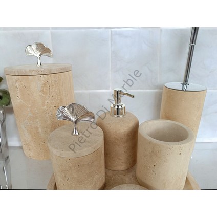 Sarı Traverten Klasik Model 7 Parça Gümüş Renk Japon Gülü Aksesuarlı Banyo Seti indirimleri