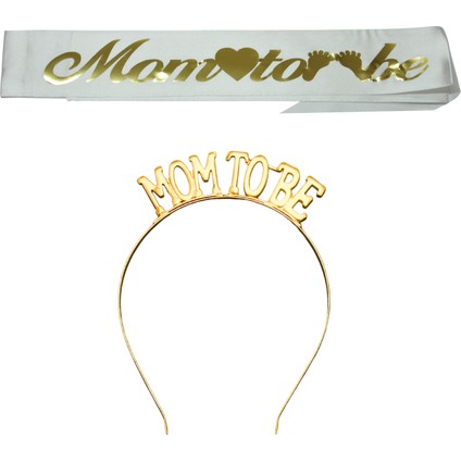 Mom To Be Metal Taç ve Kuşak & Baby Shower Set & Beyaz Altın Kuşak Altın Taç
