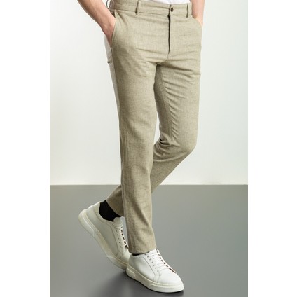 Desenli Haki Rengi Super Slim Fit Keten Erkek Pantolon
