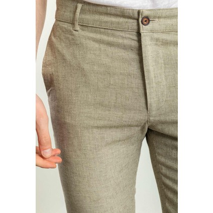 Desenli Haki Rengi Super Slim Fit Keten Erkek Pantolon