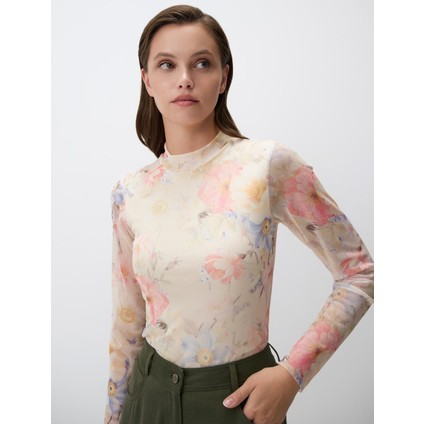 Ekru Krem Balıkçı Yaka Floral Desenli Örme Mesh Bluz