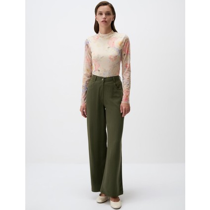 Ekru Krem Balıkçı Yaka Floral Desenli Örme Mesh Bluz
