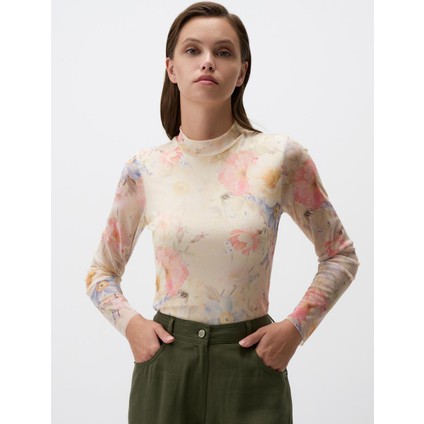 Ekru Krem Balıkçı Yaka Floral Desenli Örme Mesh Bluz