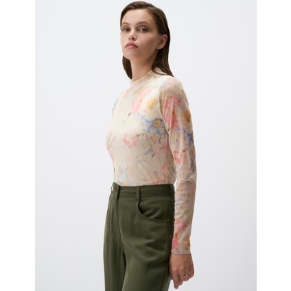 Ekru Krem Balıkçı Yaka Floral Desenli Örme Mesh Bluz
