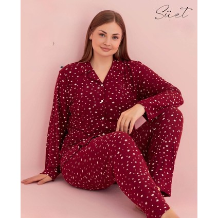 Kadın Büyük Beden Gömlek Yaka Süet Uzun Kol Pijama Takımı 5265- 1 Adet