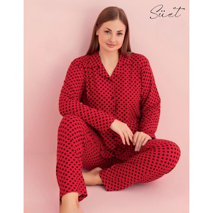 Kadın Büyük Beden Gömlek Yaka Süet Uzun Kol Pijama Takımı 5267- 1 Adet