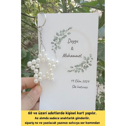15 Adet Sade Kartlı Zincirli Inci Yıldız Anahtarlık - Kına Hediyelik - Nikah Hediyelik - Bride