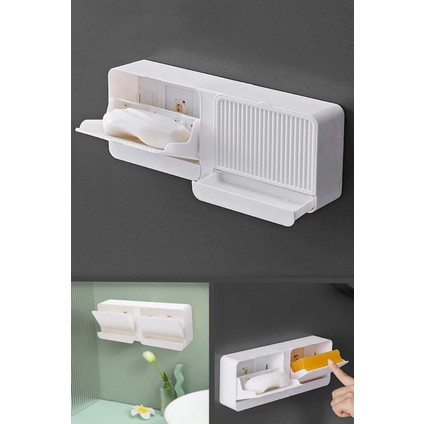 2 Bölmeli Katı Sabunluk Duvara Monte Mutfak Banyo Beyaz Renk Güçlü Yapışkanlı Sabun Organizeri