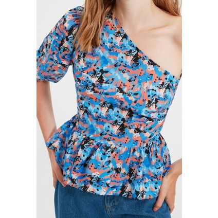 Moda Devrik Yaka Dokuma Regular Çiçekli Desen Casual Günlük Regular Kısa Kol Bluz