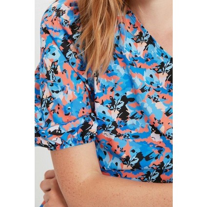 Moda Devrik Yaka Dokuma Regular Çiçekli Desen Casual Günlük Regular Kısa Kol Bluz modelleri