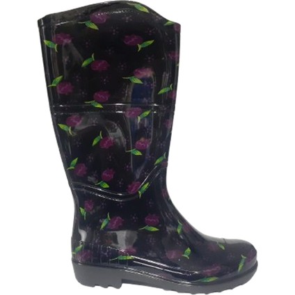 Kadın Siyah Mor Laleli Bahçe Yağmur Çizmesi EMK2036-97