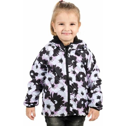 Kız Çocuk Pudra Siyah Beyaz Çiçek Desenli Içi Polar Yağmurluk - 1011660