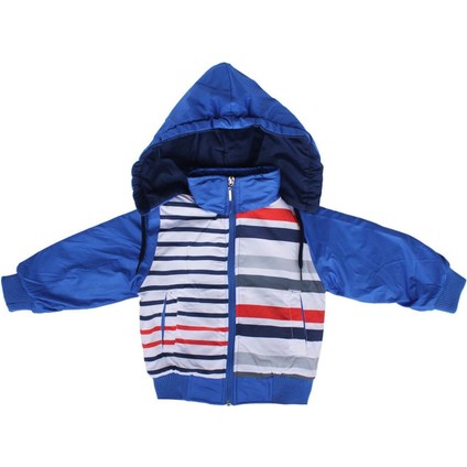 Erkek Çocuk Mavi Renkli Çizgili Desenli Kapşonlu Şişme Mont - 1011646
