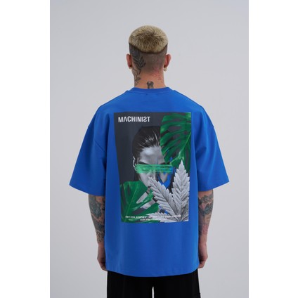 Erkek Reckless Leaves Baskılı Oversize Mavi Tişört