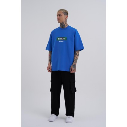 Erkek Reckless Leaves Baskılı Oversize Mavi Tişört modelleri
