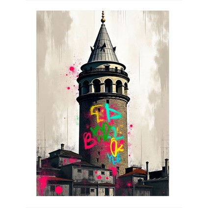 Graffiti Ile Renklendirilmiş Galata Kulesi Modern Ahşap Tablo 35CM X50CM