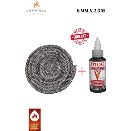 İthal Yanmaz Soba Şömine Fitili 6 mm x 2 m + VITCAS Yapıştırıcı 30 ML