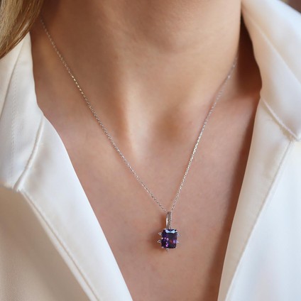 Ametist Taşlı Kare Lotus Çiçeği Gümüş Kolye