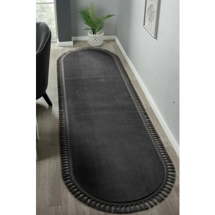 Puffy Antrasit Oval Örgü Saçaklı Peluş Yumuşacık Yıkanabilir Kaymaz Taban Halı Salon Oturma Odası indirimleri