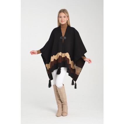 Wave Desenli Panço, Balıkçı Dikişli Düğme Detaylı Panço, Dış Giyim Panço,triko Örğü Şık Panço, Panço