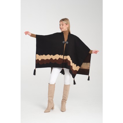 Wave Desenli Panço, Balıkçı Dikişli Düğme Detaylı Panço, Dış Giyim Panço,triko Örğü Şık Panço, Panço fiyatları