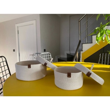 Krem Rengi Ikili Kapaklı Sepet Set, Pamuklu Sepet Set, Dekoratif Sepet Set, Hasır Sepet Set,pamuk Ip