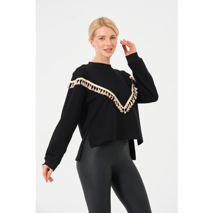 Kadın Püskül Detaylı Basic Yumuşak Dokulu Salaş Oversıze Sweatshirt Krem