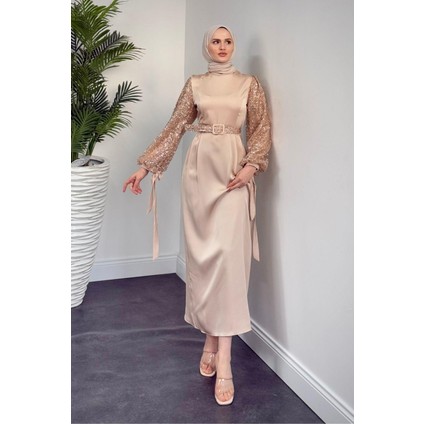 Şehla Kolları Boncuk Işleme Kemerli Abiye Krem