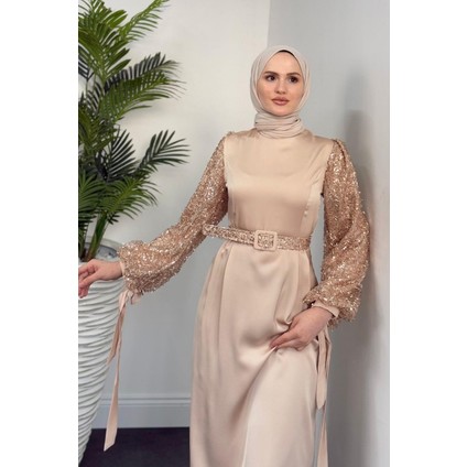 Şehla Kolları Boncuk Işleme Kemerli Abiye Krem fiyatları