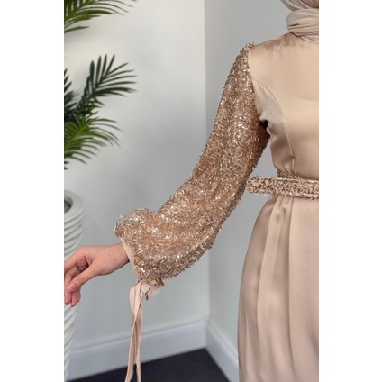 Şehla Kolları Boncuk Işleme Kemerli Abiye Krem modelleri