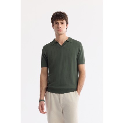 Erkek Haki Düğmesiz Polo Yaka Boyuna Ajur Desenli Rayon Triko T-shirt A51Y5015