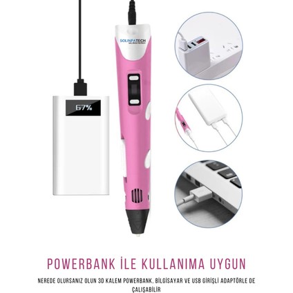 Pembe 3D Pen Üç Boyutlu Yazıcı Kalem Printer (Çok Renkli Filament -109METRE ve USB Kablo Dahil) modelleri