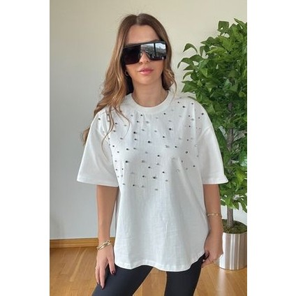 Yeni Sezon Önü Taşlı Şık Oversize Bisiklet Yaka Pamuklu Trend Kaliteli Krem T-Shirt Rahat Kesim