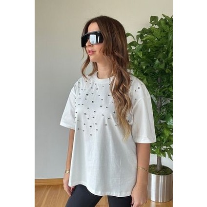 Yeni Sezon Önü Taşlı Şık Oversize Bisiklet Yaka Pamuklu Trend Kaliteli Krem T-Shirt Rahat Kesim