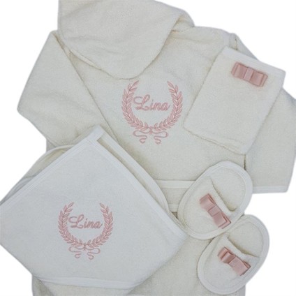 Kişiye Özel Bornoz Set Pudra Işlemeli 0-3 Yaş