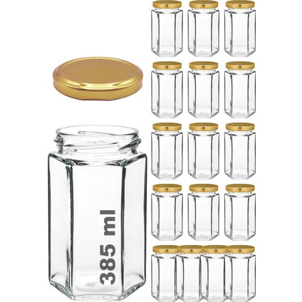385 ml Metal Kapaklı Altıgen Bal Kavanozu 385 cc Şeffaf Hexagon Kavanoz 16 Adet (500 gr Bal Alır)