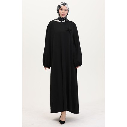Broş Detaylı Elbise 0017-01 Siyah
