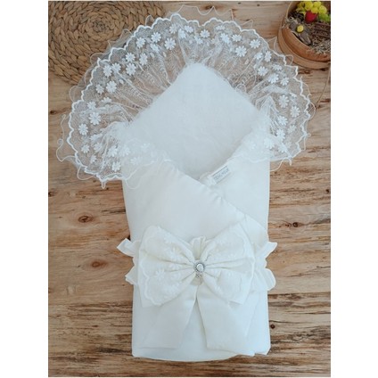 Pırıltı Papatya Taçlı Lüks Kız / Erkek Bebek Unisex Kundak Battaniyesi Ekru