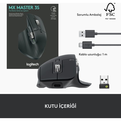 MX Master 3S Performans 8000 DPI Optik Sensörlü Sessiz Kablosuz Mouse - Siyah