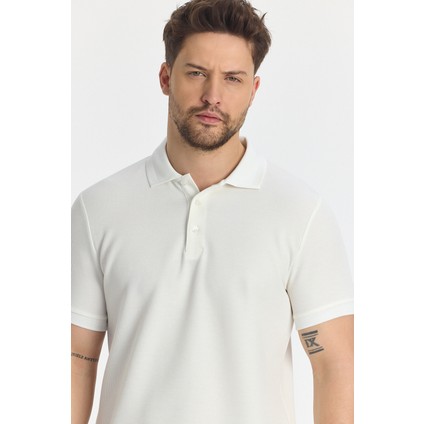 Walfer Erkek Ekru Likralı Pamuk Karışımlı Yaka Detaylı Slim Fit Kıvrılmaz Yaka Polo Yaka Tişört