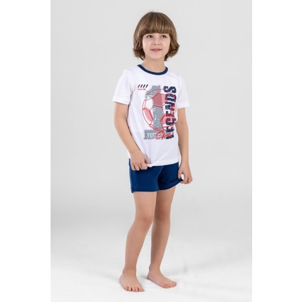 Erkek Çocuk Pamuklu Bisiklet Yaka Baskılı Kısa Kollu Şortlu Pijama Takımı 9614 Beyaz
