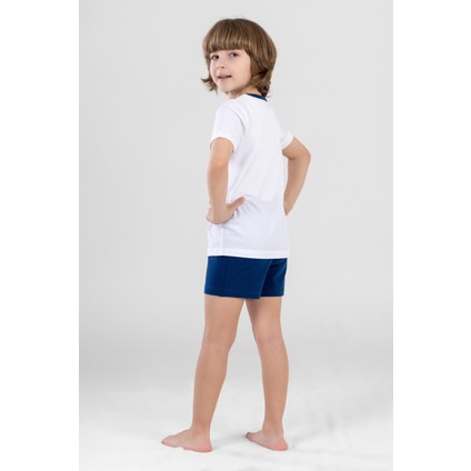 Erkek Çocuk Pamuklu Bisiklet Yaka Baskılı Kısa Kollu Şortlu Pijama Takımı 9614 Beyaz modelleri