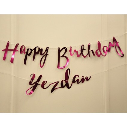 Kişiye Özel Simli Fuşya Renkli Happy Birthday El Yazısı Banner fiyatları
